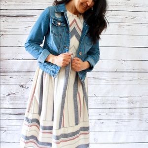 Striped High Neck Cotton Midi Dress w/ Pockets